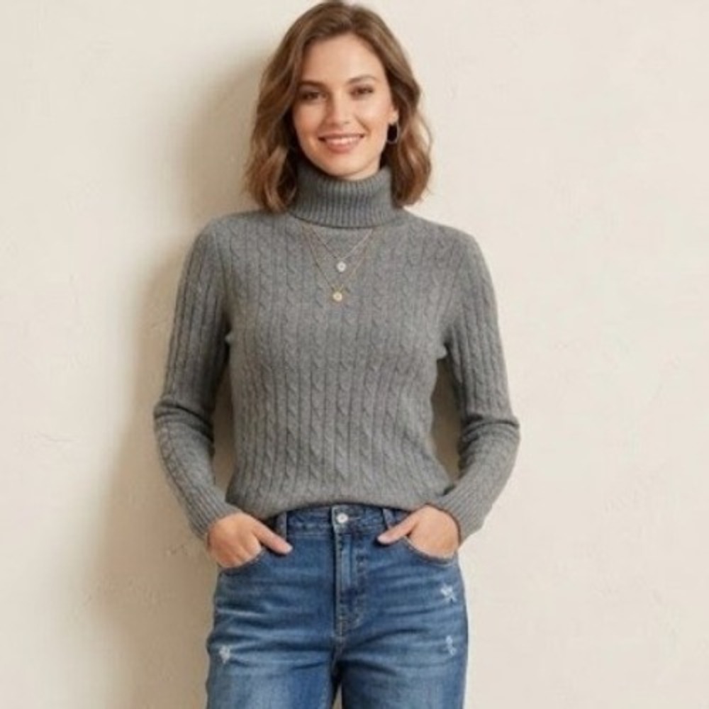 St. John's Bay Turtleneck Sweater Gray Cable Knit Academia Preppy Work Cozy L